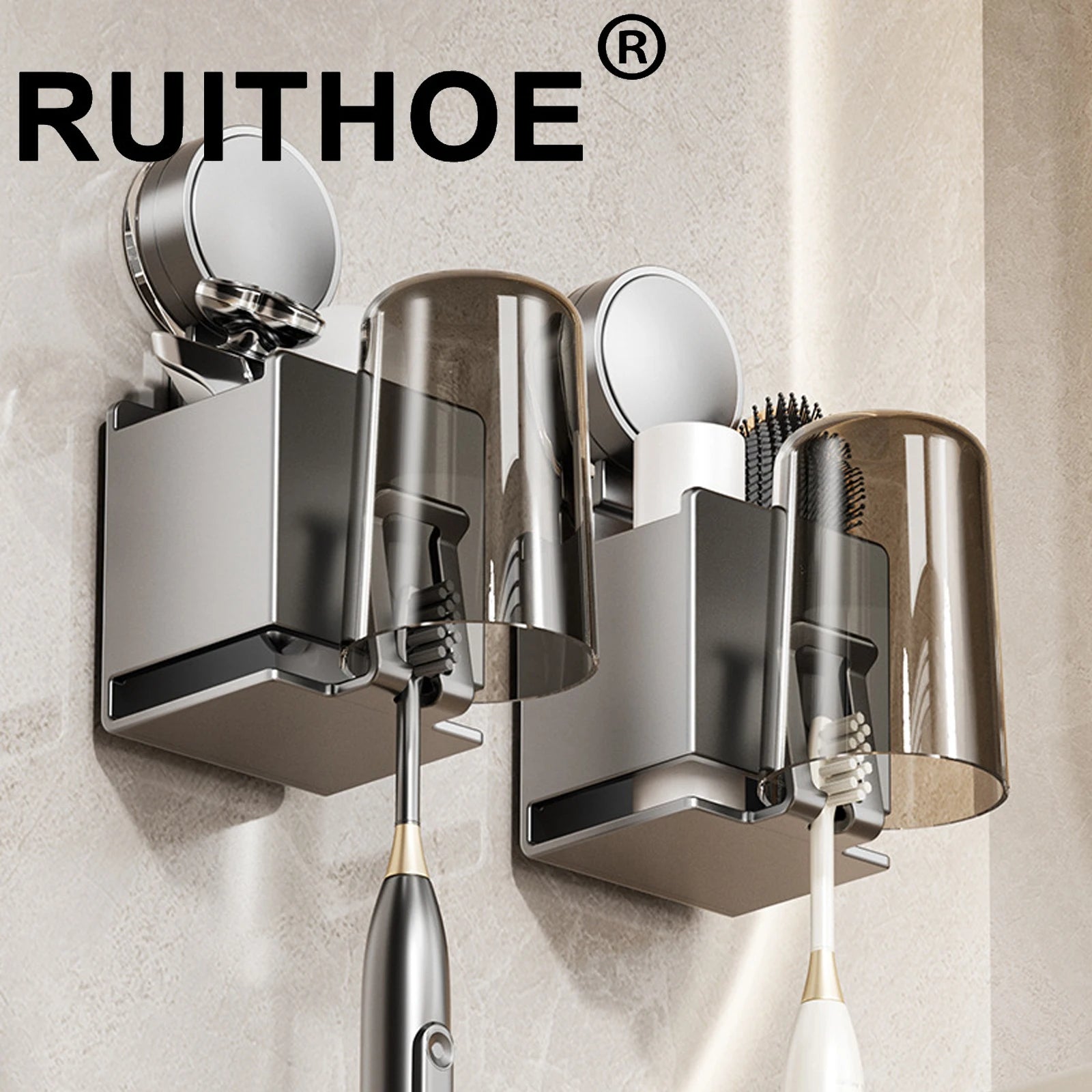 Suction Cup Toothbrush Holder With Squeezer Perforation-free Bathroom Shelf Mouthwash Cup Toothbrush Holder