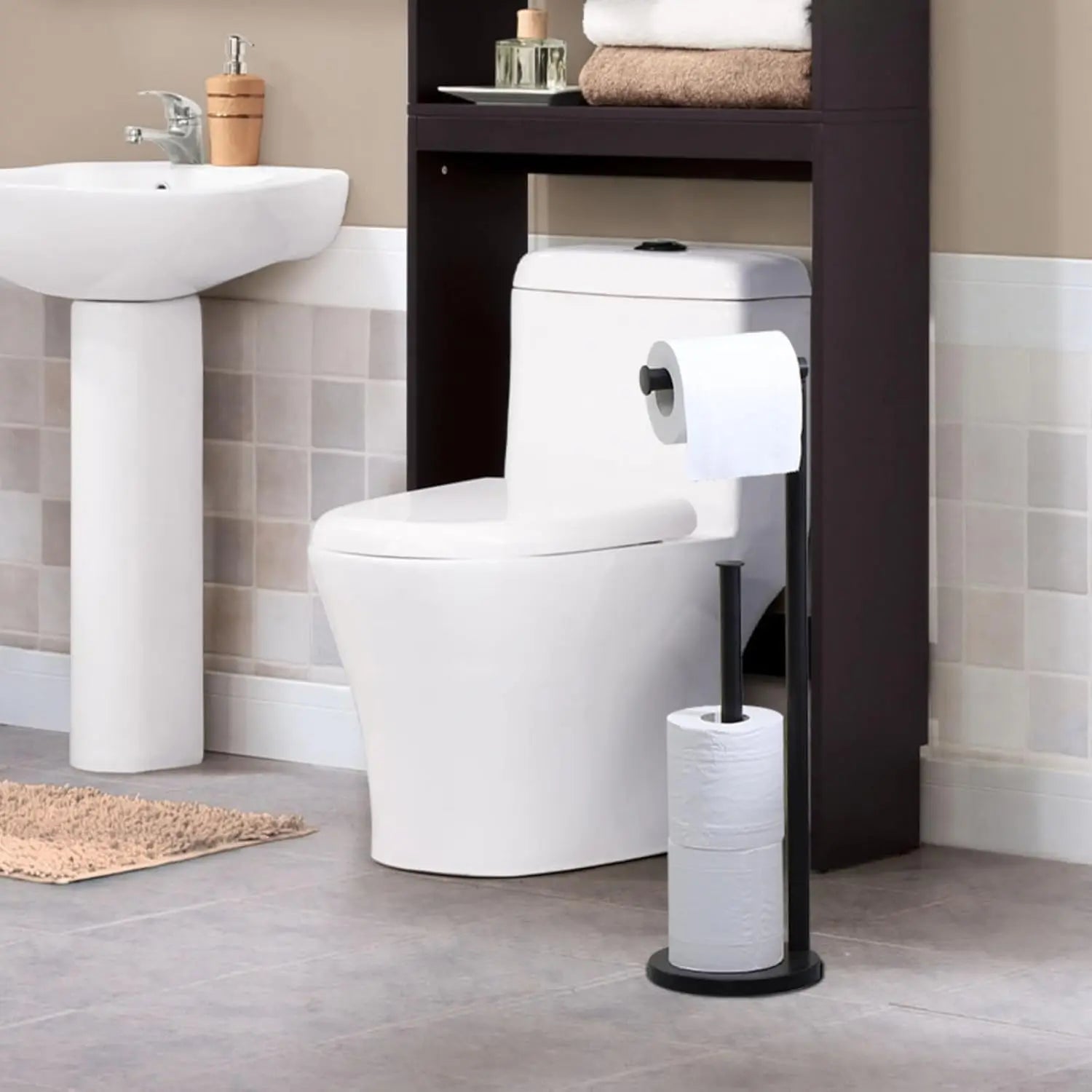Stainless Steel Standing Toilet Paper Holder, Black Freestanding Toilet Paper Holder, Bathroom Toilet Paper Holder with Storage