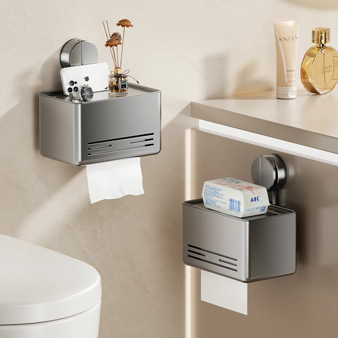 YUTOKO Suction Cup Toilet Paper Holder with Drawer, Wall Mounted Tissue & Towel Storage Box for Bathroom Living Room