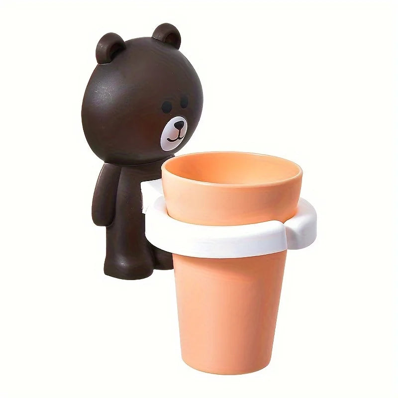 1pc Adorable Bear Wall-Mounted Toothbrush Holder with Gargle Cup - No Drill, Space-Saving Bathroom Organizer, Playful Design
