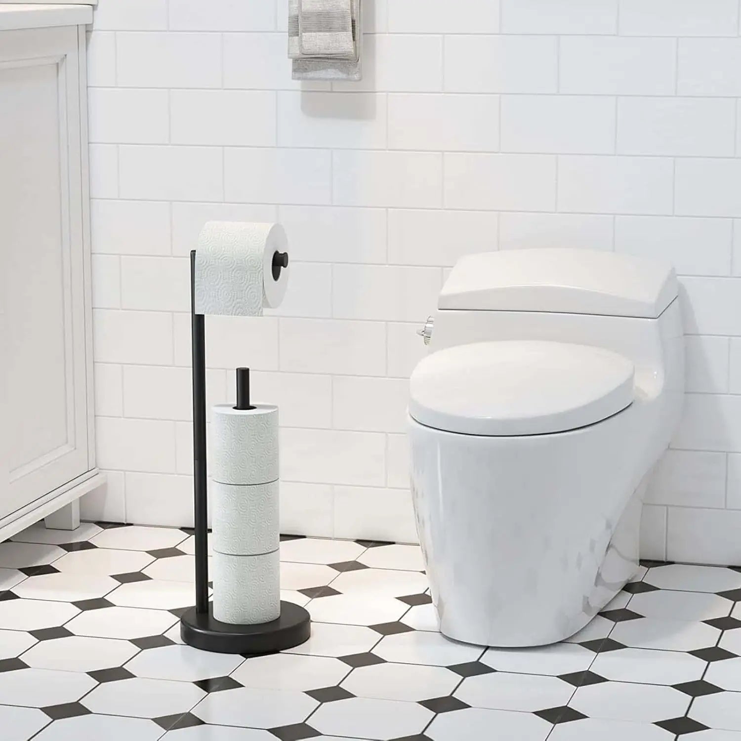Stainless Steel Standing Toilet Paper Holder, Black Freestanding Toilet Paper Holder, Bathroom Toilet Paper Holder with Storage