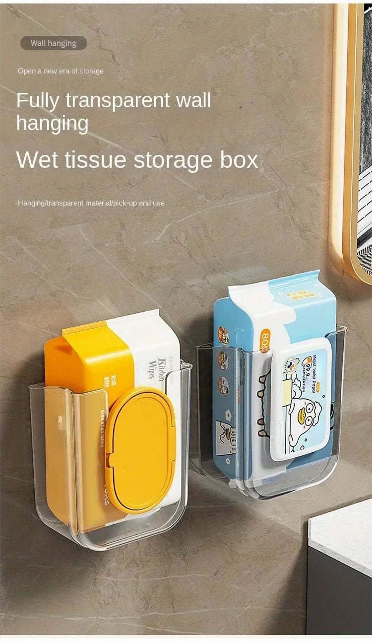 Wall-Mounted Wet Tissue Storage Box Self-Adhesive Plastic Holder with Large Opening for Bathroom Tissue Storage Box Organizer