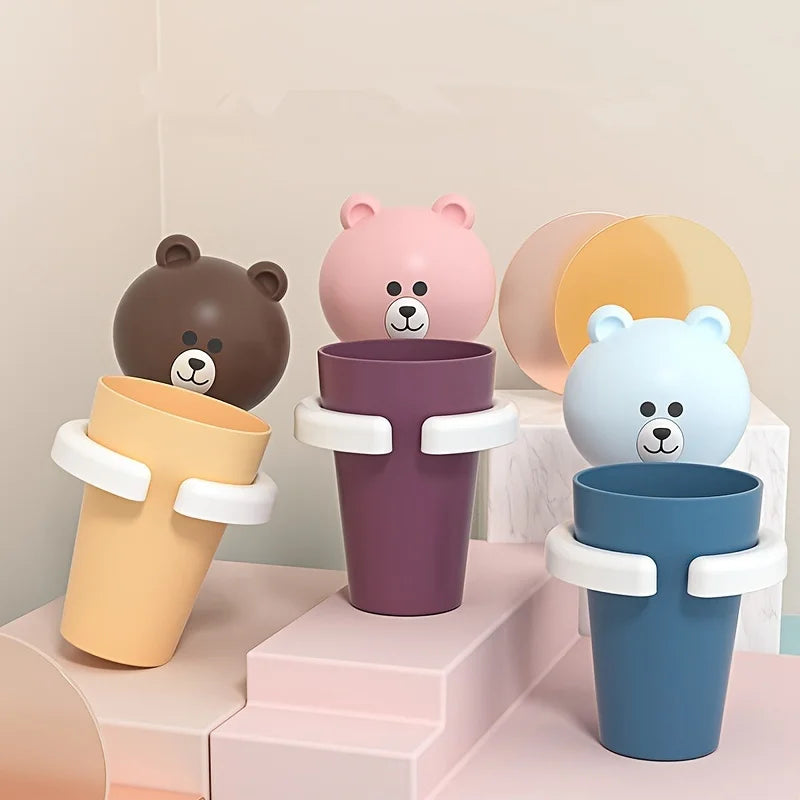 1pc Adorable Bear Wall-Mounted Toothbrush Holder with Gargle Cup - No Drill, Space-Saving Bathroom Organizer, Playful Design