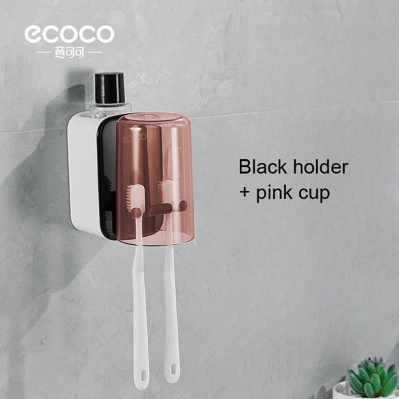 ECOCO Toothbrush Holder and Cup Set Wall Mount Bathroom Accessory Punch Free Mouthwash Holder for Single Home School Student