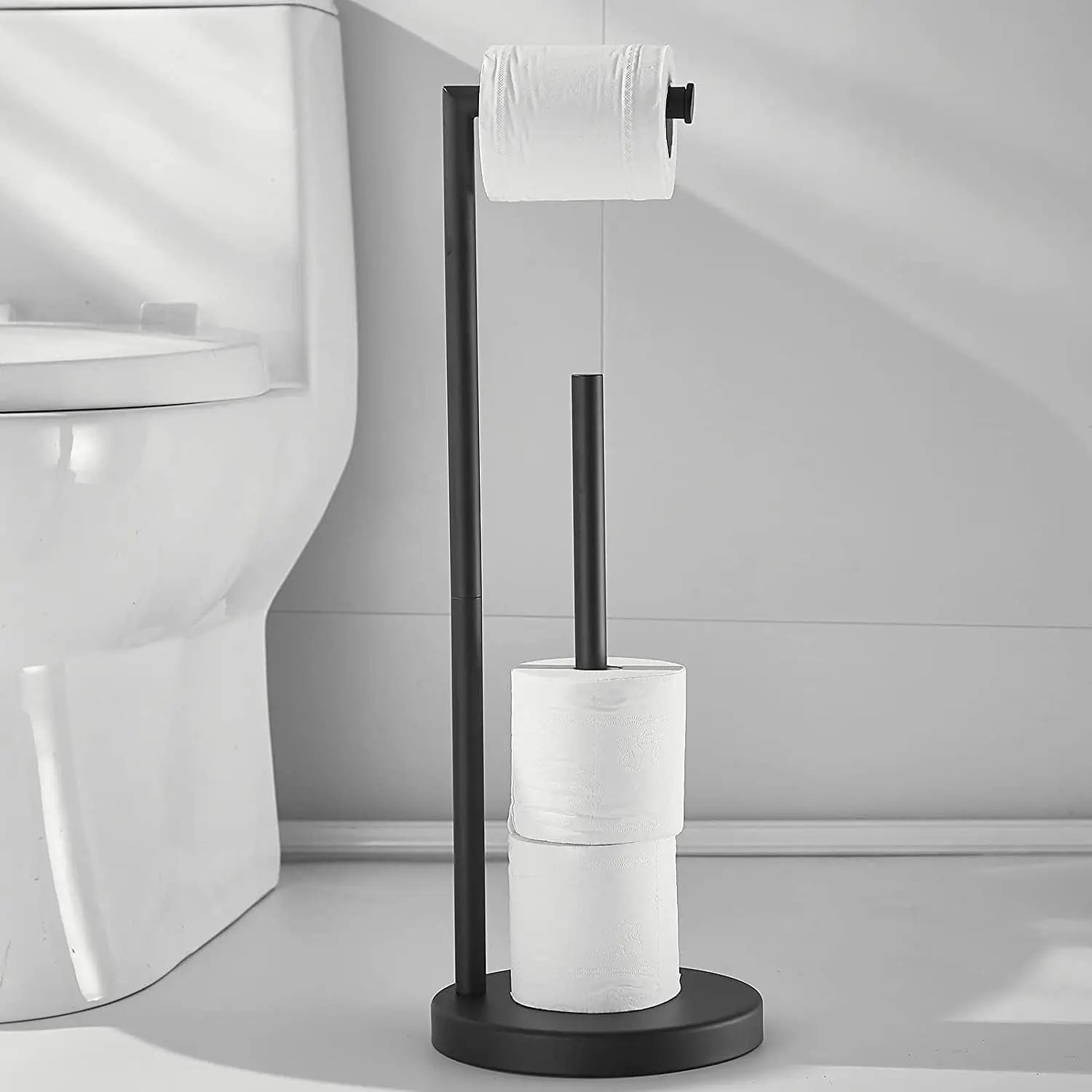 Stainless Steel Standing Toilet Paper Holder, Black Freestanding Toilet Paper Holder, Bathroom Toilet Paper Holder with Storage
