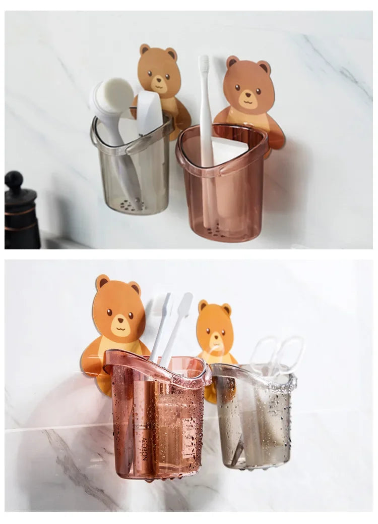 New Toothbrush Holder Adorable Bear Hug Storage Cup Wall-mounted Drain Design Easy Organization Toothbrush Cup Bathroom Supplies