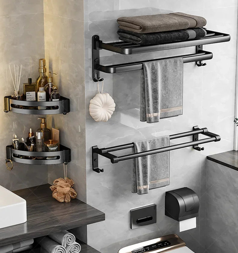 Popular Style 40/50CM Bathroom Self-Adhesive Wall Mount Bathroom Waterproof and Rust Proof Storage Shelf with Hook Towel Holder
