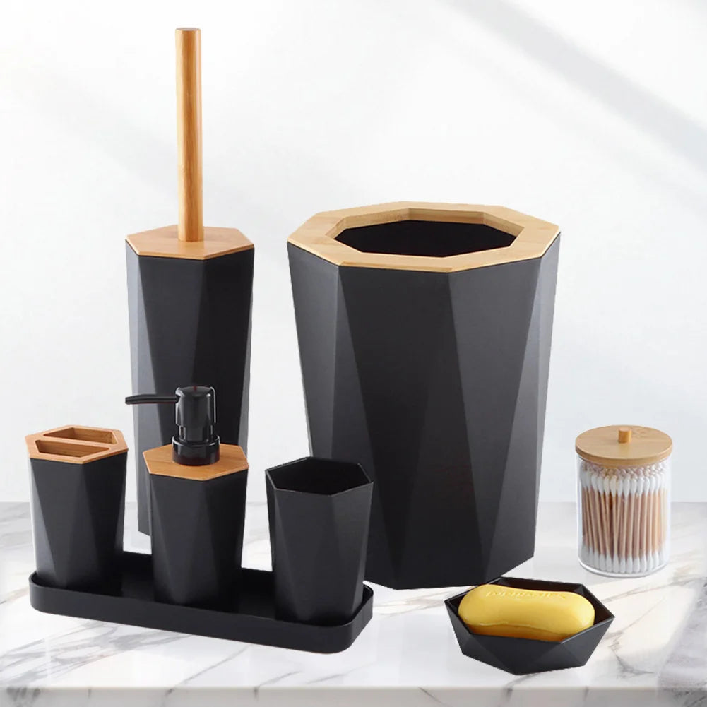 8 Pcs Bathroom Accessories Set with Cup Holder Dish Dispenser Bin Brush (Black)