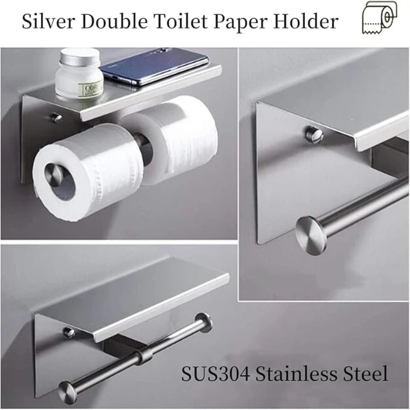 Wall Mounted 304 Stainless Steel Toilet Roll Paper Holder with Shelf, Double Roll Tissue Paper Holder