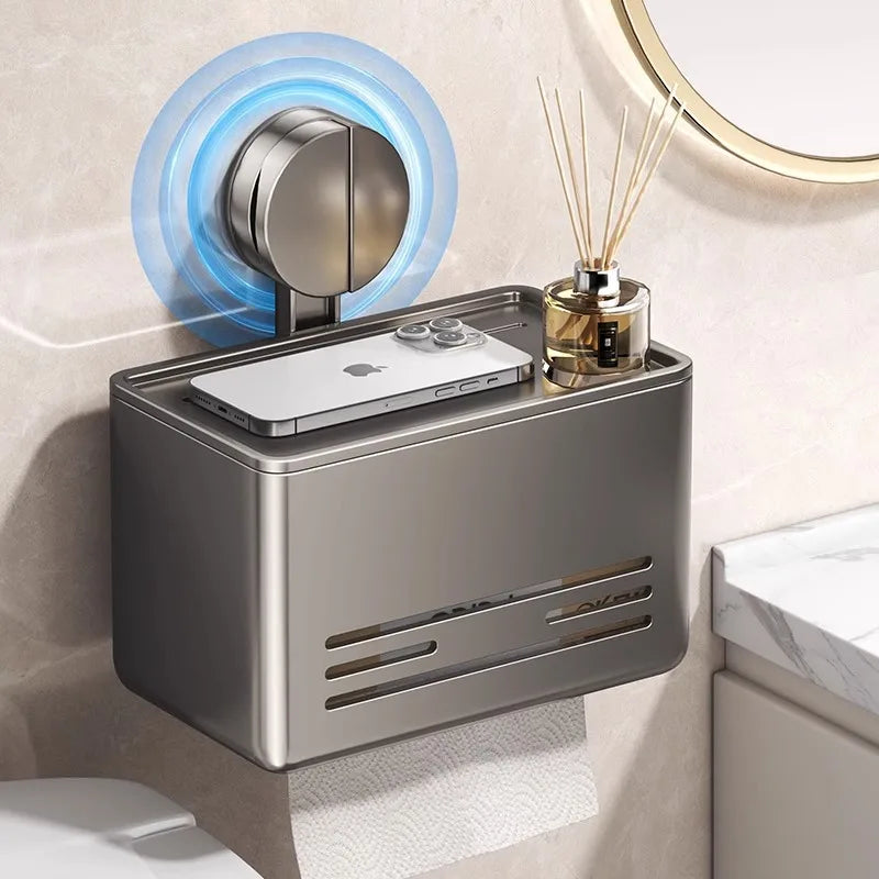 YM Suction Cup Toilet Paper Holder with Drawer, Wall Mounted Tissue & Towel Storage Box for Bathroom Living Room