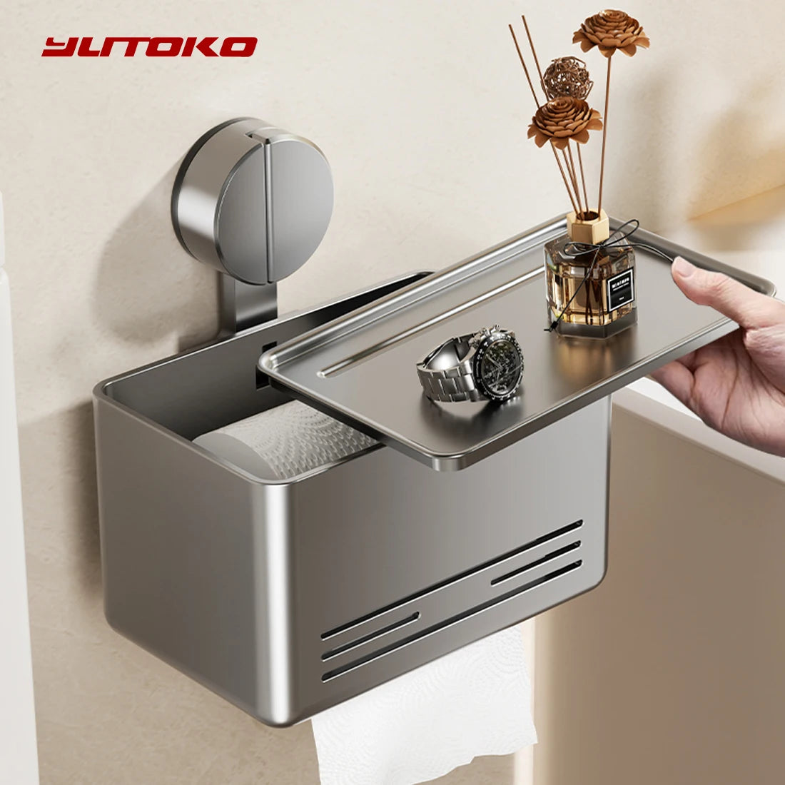 YUTOKO Suction Cup Toilet Paper Holder with Drawer, Wall Mounted Tissue & Towel Storage Box for Bathroom Living Room