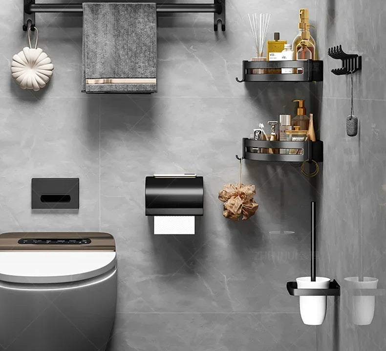 Popular Style 40/50CM Bathroom Self-Adhesive Wall Mount Bathroom Waterproof and Rust Proof Storage Shelf with Hook Towel Holder