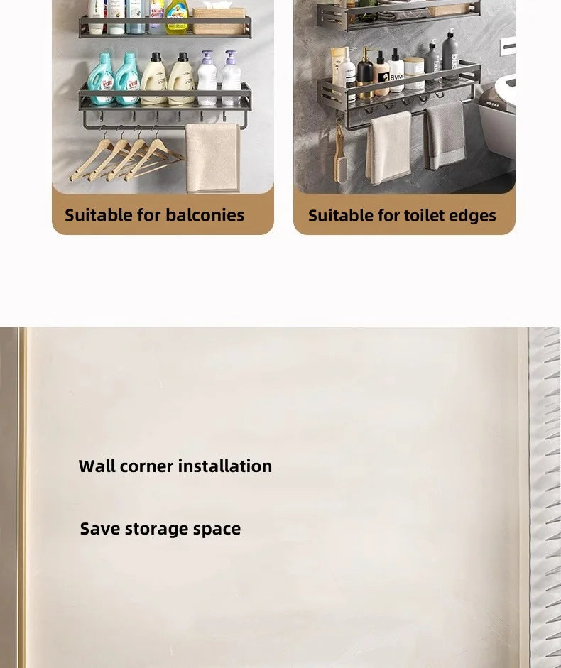 Shower Corner Shelf Without Drilling Aluminum Bathroom Shelf With Towel Bar Shampoo Holder Toilet Rack Bathroom Accessories