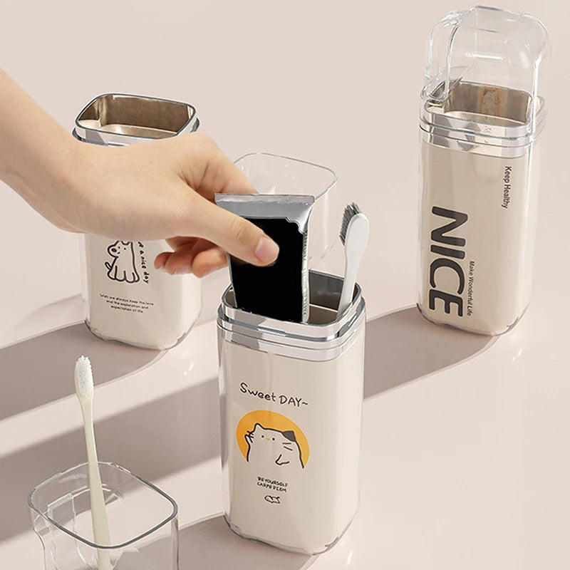 3 IN1 Cartoon Cute Toothbrush Cup Travel Toothbrush Holder Simple Portable Mouthwash Cup For Business Trip Home Bathroom Camping