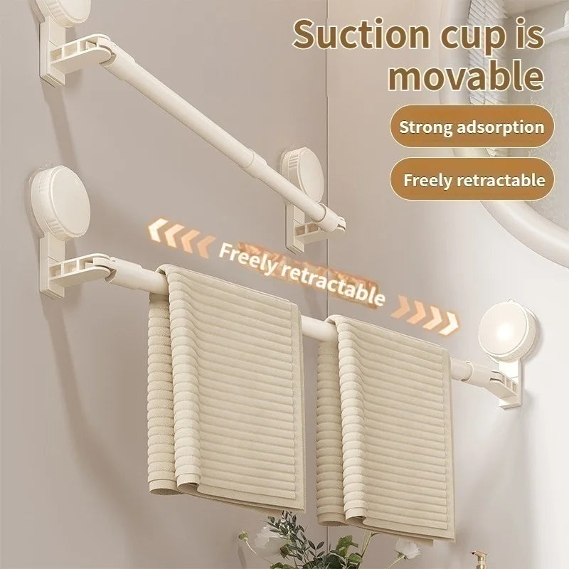 Extendable Rod Kitchen Hook Suction Cup Towel Rack Bathroom Retractable Towel Pole Storage Rack Bathroom Towel Storage Bar