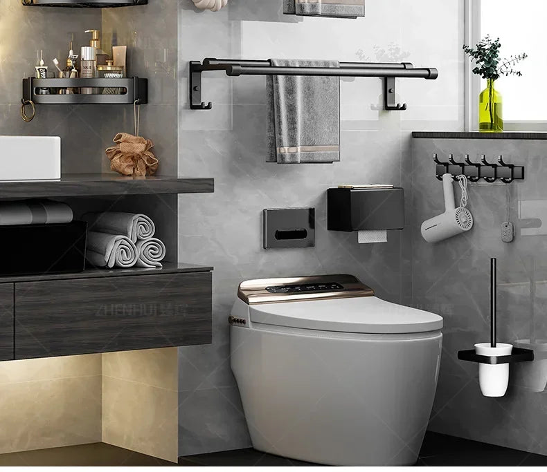 Popular Style 40/50CM Bathroom Self-Adhesive Wall Mount Bathroom Waterproof and Rust Proof Storage Shelf with Hook Towel Holder