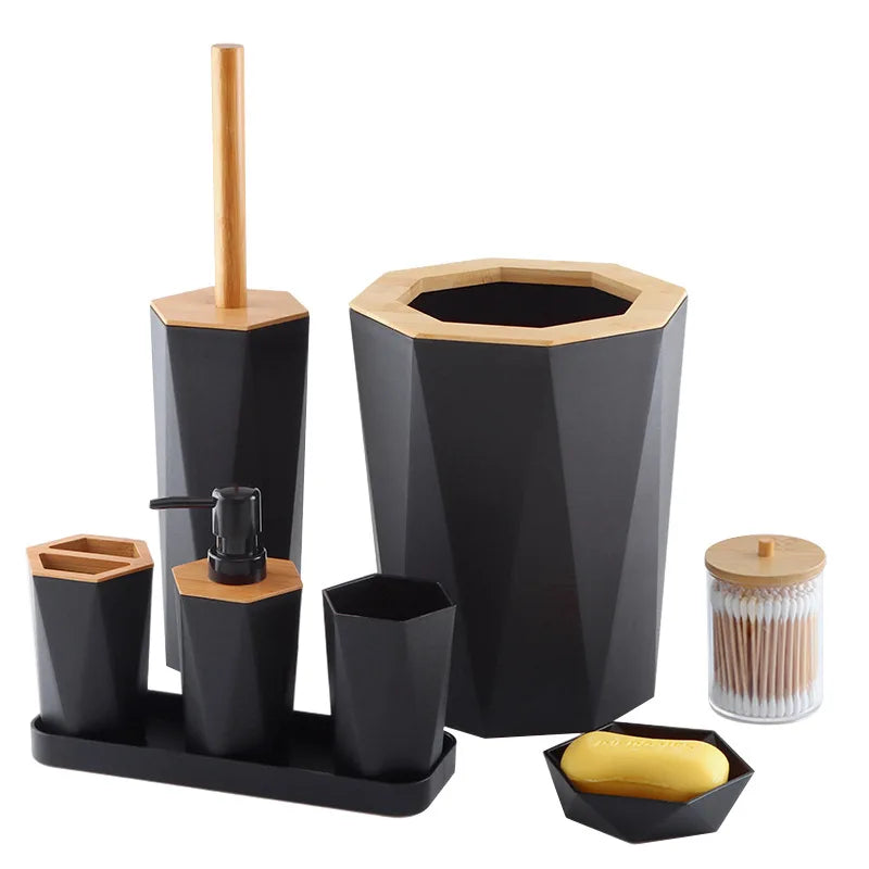 8 Pcs Bathroom Accessories Set with Cup Holder Dish Dispenser Bin Brush (Black)