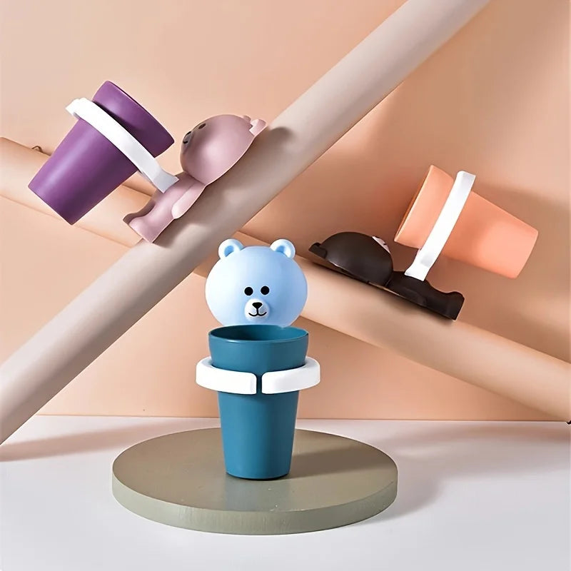 1pc Adorable Bear Wall-Mounted Toothbrush Holder with Gargle Cup - No Drill, Space-Saving Bathroom Organizer, Playful Design