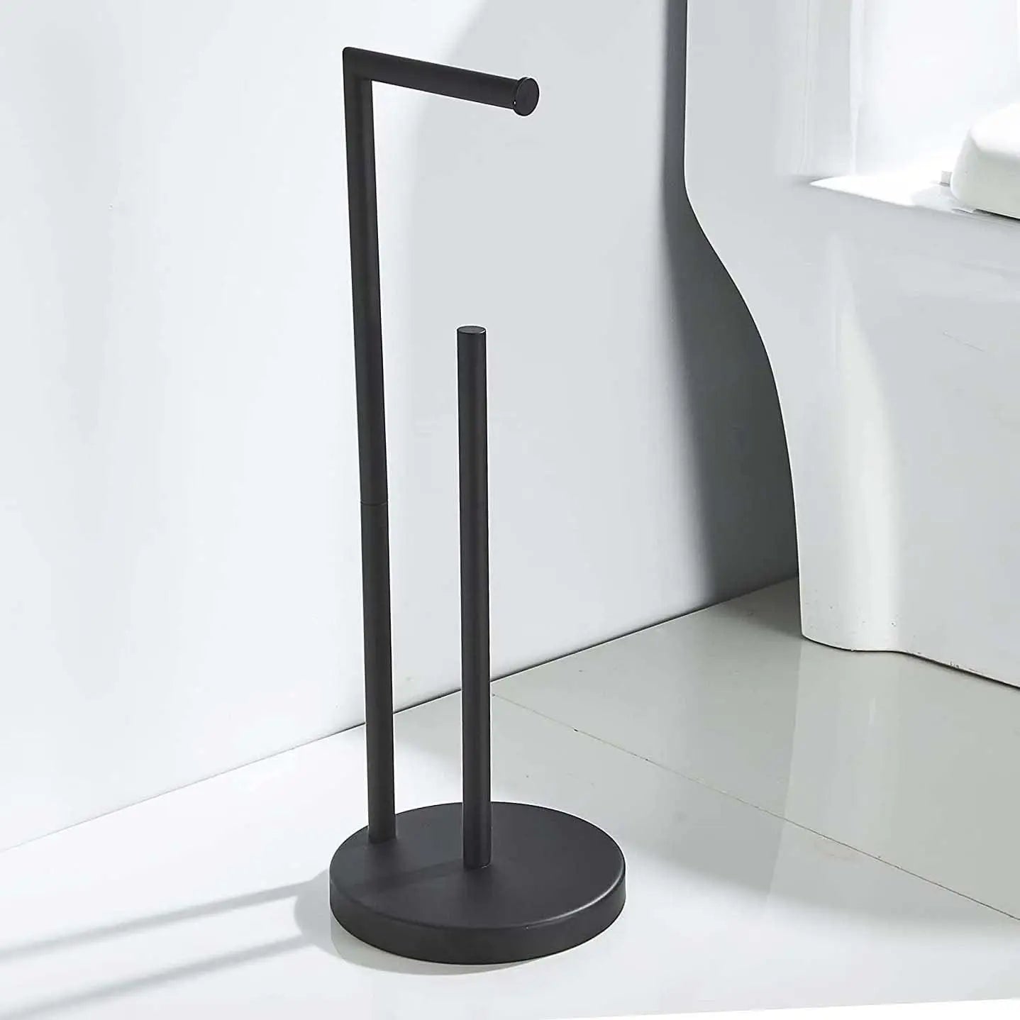 Stainless Steel Standing Toilet Paper Holder, Black Freestanding Toilet Paper Holder, Bathroom Toilet Paper Holder with Storage
