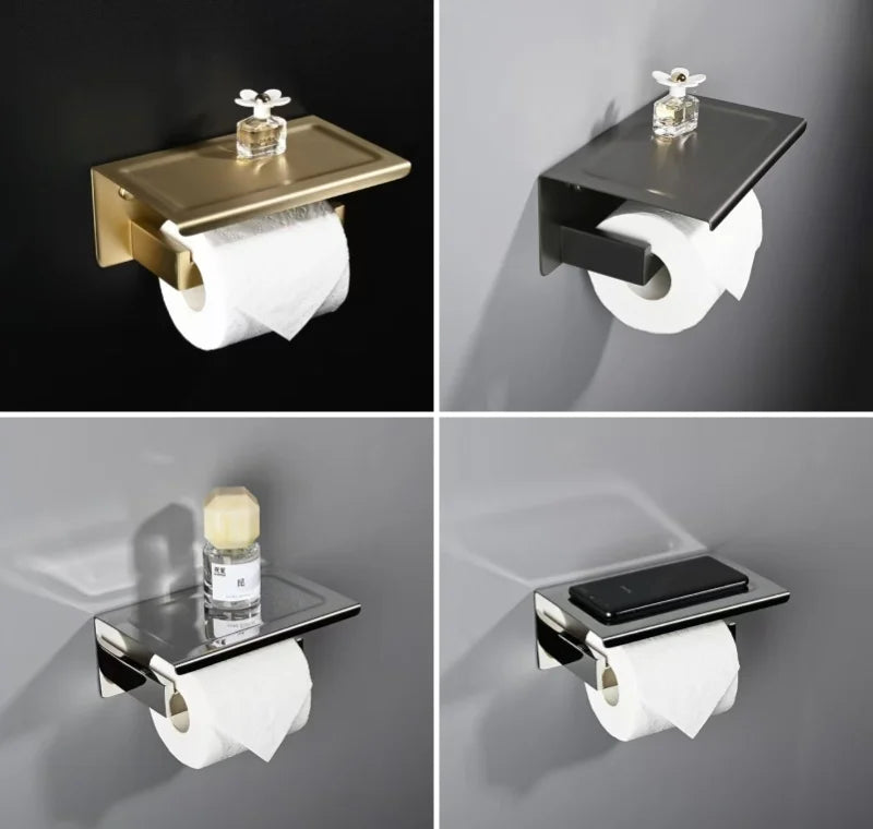 Stainless Steel Toilet Paper Holder Wall Mount with Shelf Tissue Paper Roll Holder Drilling Design Bathroom Storage Organizer