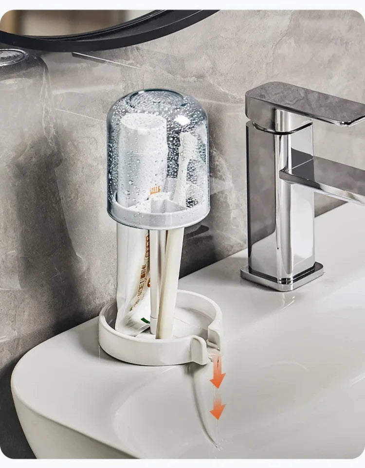 Hygienic Toothbrush Organizer with Protective Lid Ventilated Plastic Bathroom Cup Holder Multifunctional Countertop Storage
