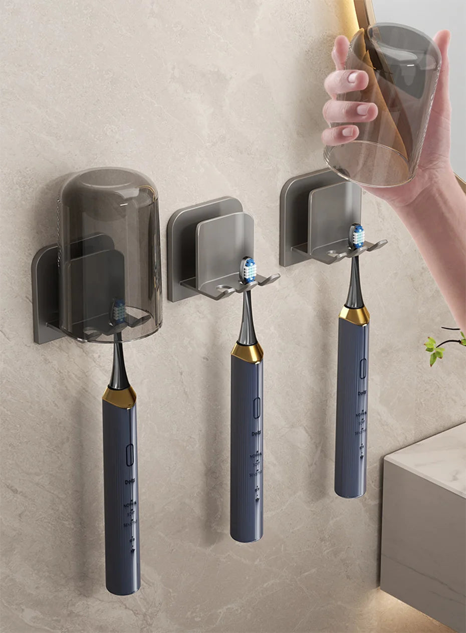 Punch Free Aluminum Wall Mount Toothbrush Holder and Cup Electric Tooth Brush Hold Bathroom Organizer Rack Toothbrushes Storage