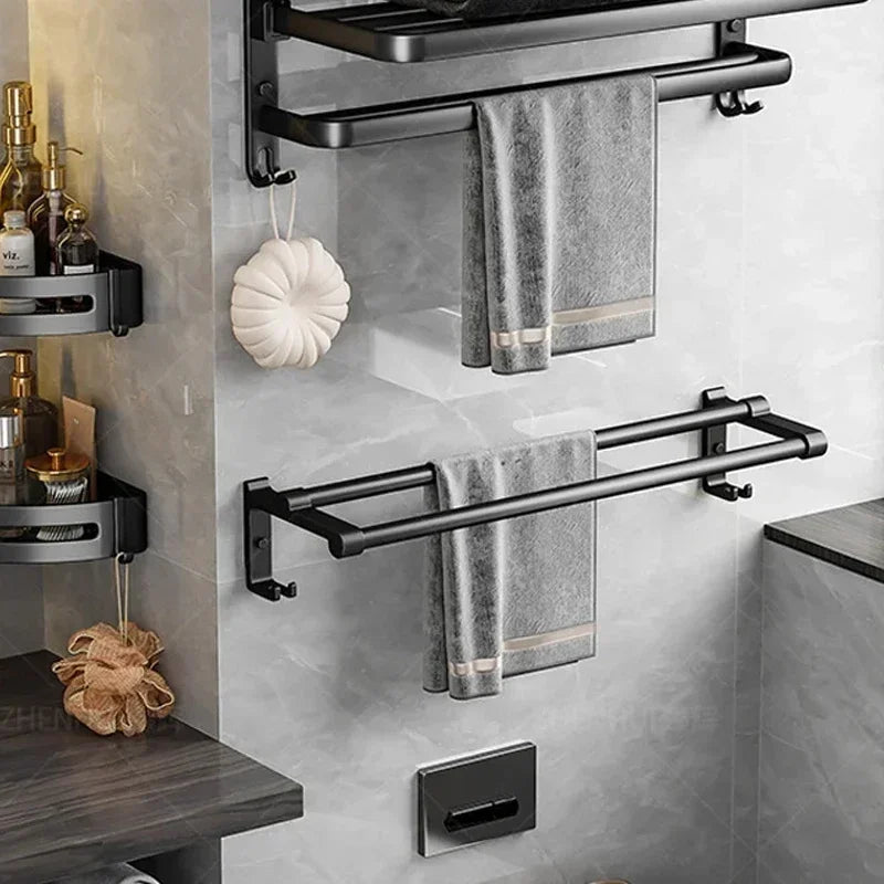 Popular Style 40/50CM Bathroom Self-Adhesive Wall Mount Bathroom Waterproof and Rust Proof Storage Shelf with Hook Towel Holder