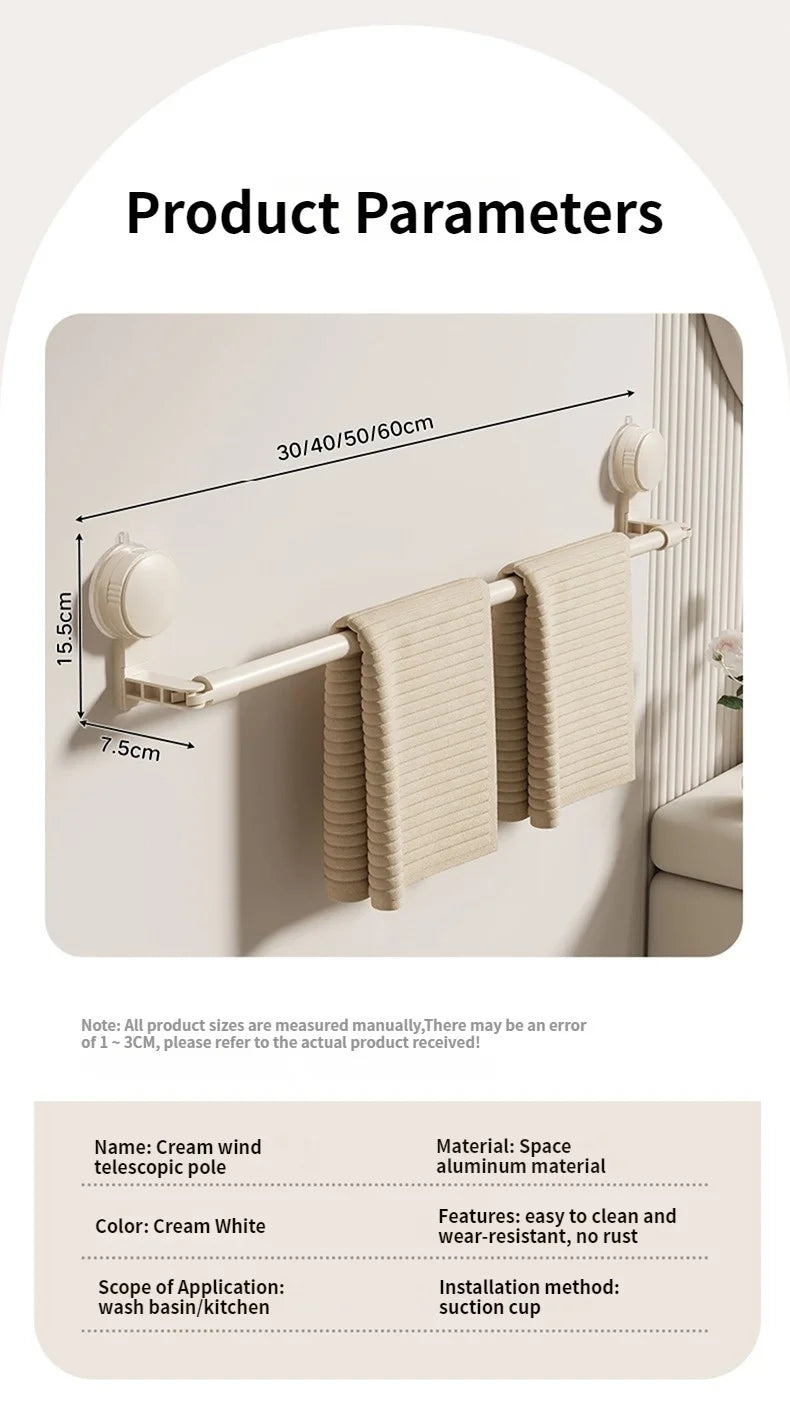 Extendable Rod Kitchen Hook Suction Cup Towel Rack Bathroom Retractable Towel Pole Storage Rack Bathroom Towel Storage Bar