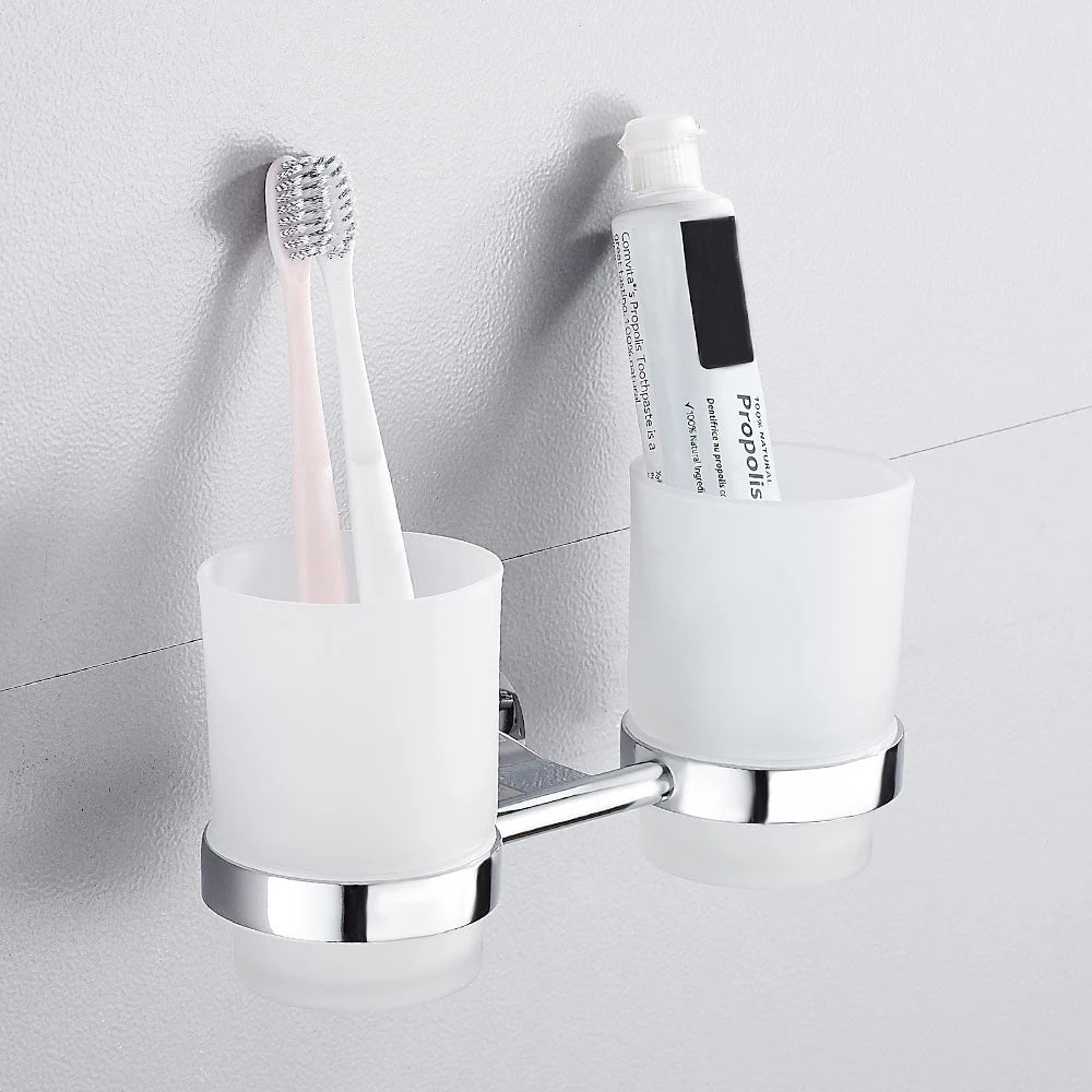 Bathroom Modern Wall-Mounted Toothbrush Holder Glass Cup Tumbler Frame Bathroom Storage Organizer Tooth Brush Cup Tools Washroom