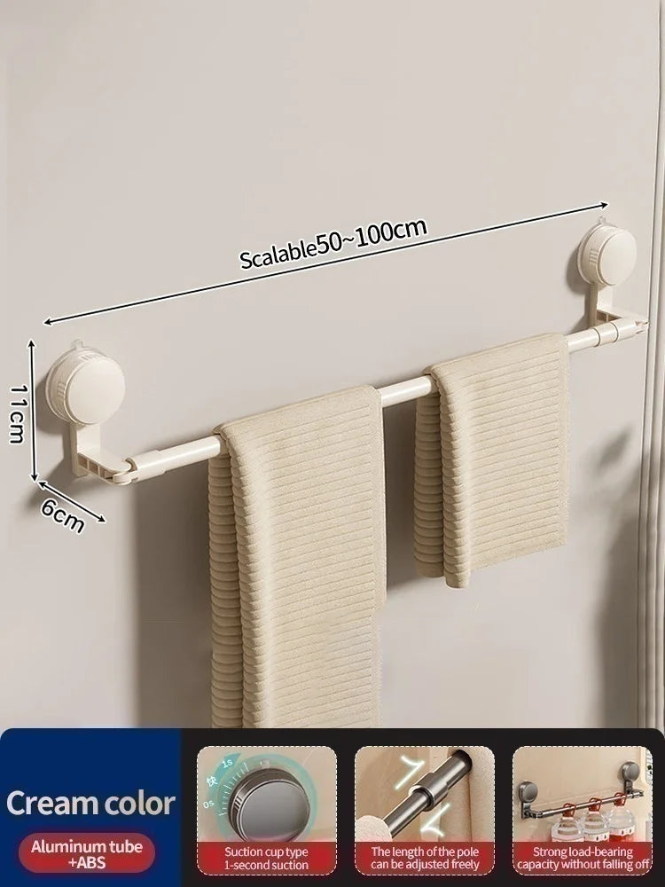 Extendable Rod Kitchen Hook Suction Cup Towel Rack Bathroom Retractable Towel Pole Storage Rack Bathroom Towel Storage Bar