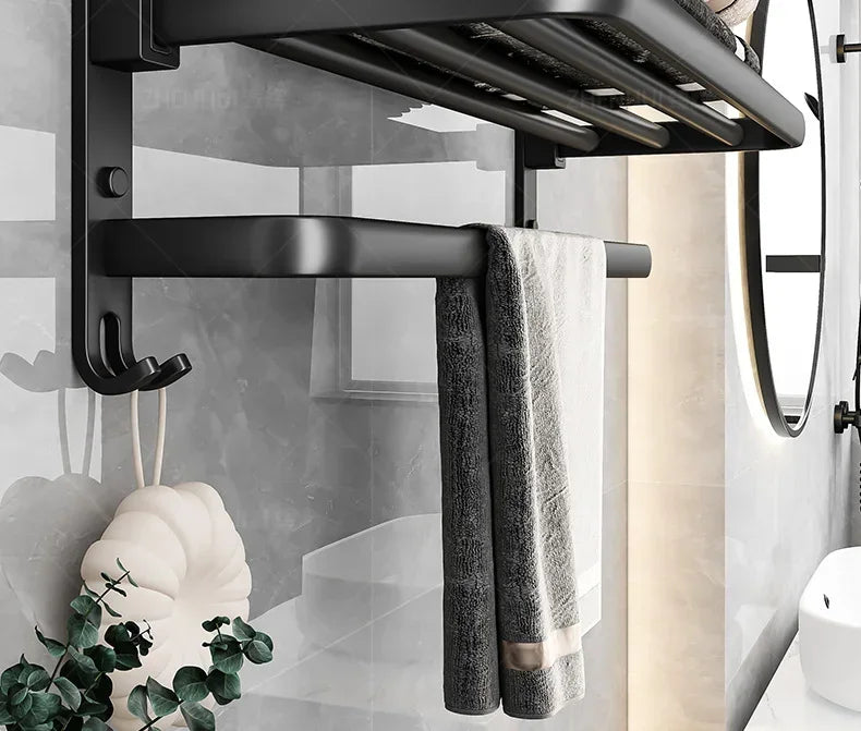 Popular Style 40/50CM Bathroom Self-Adhesive Wall Mount Bathroom Waterproof and Rust Proof Storage Shelf with Hook Towel Holder