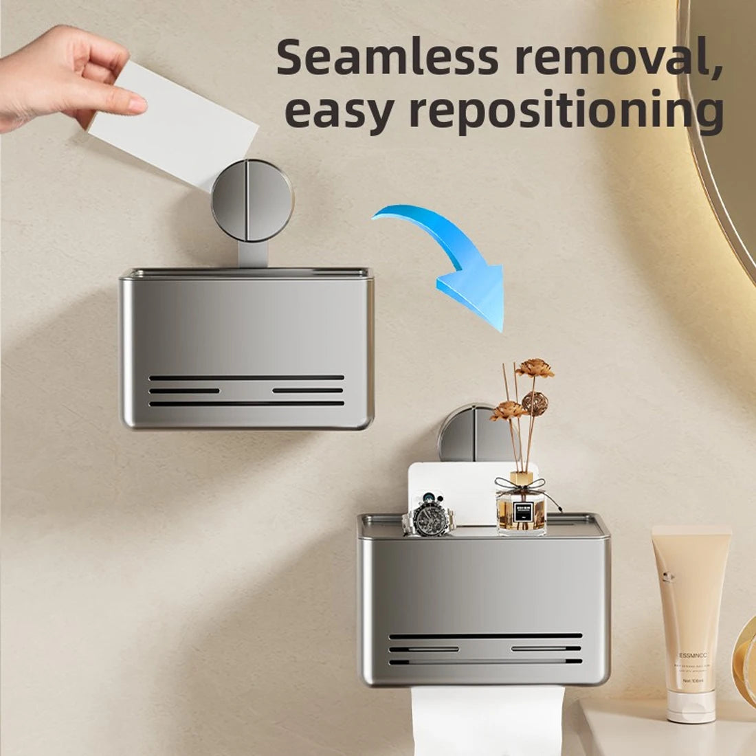 YUTOKO Suction Cup Toilet Paper Holder with Drawer, Wall Mounted Tissue & Towel Storage Box for Bathroom Living Room