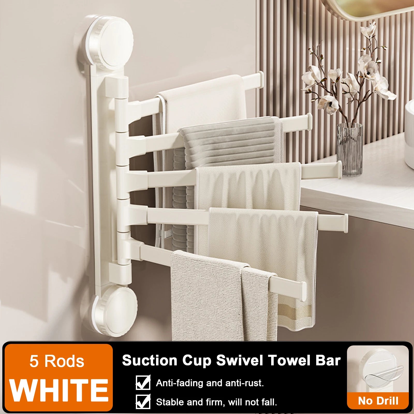 Suction Cup Towel Rack Rotatable Towel Holder Aluminum 2/3/4/5-Bar Towel Hanger Kitchen Bathroom Hanging Wall Mounted