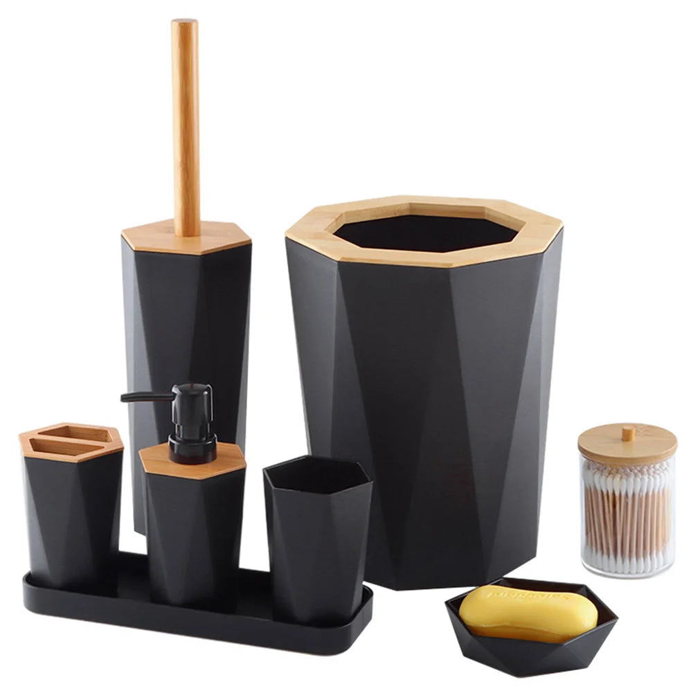 8 Pcs Bathroom Accessories Set with Cup Holder Dish Dispenser Bin Brush (Black)