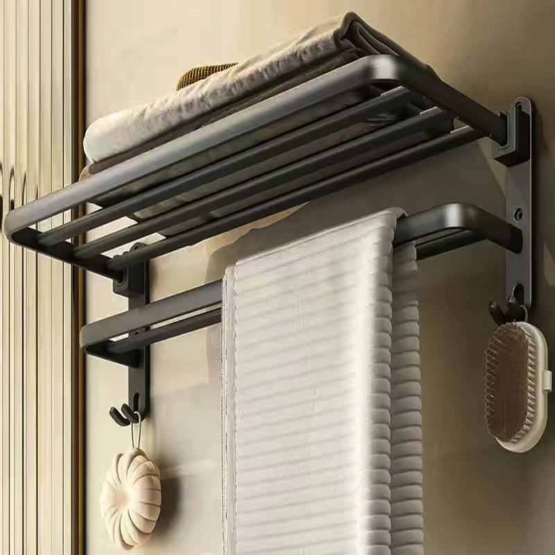 Black Bathroom Wall-Mounted Towel Rack Without Drilling Bathroom Storage Rack Towel Bar Hardware Hanging Pieces