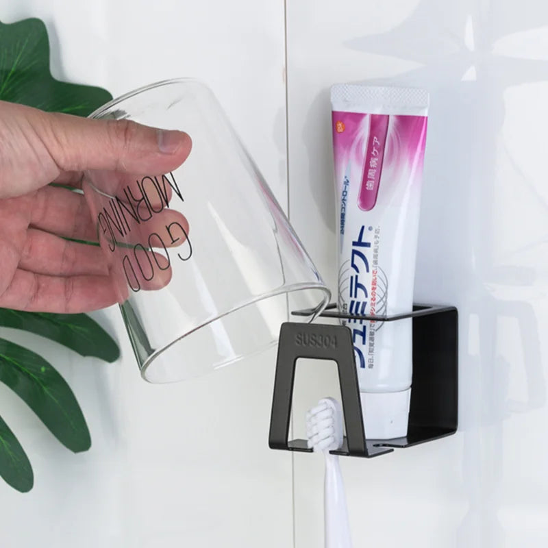 Self-adhesive Wall Mount Stainless Steel Toothbrush Holder Punch-free Toothpaste Organizer Mouthwash Cup Stand Bathroom Tools