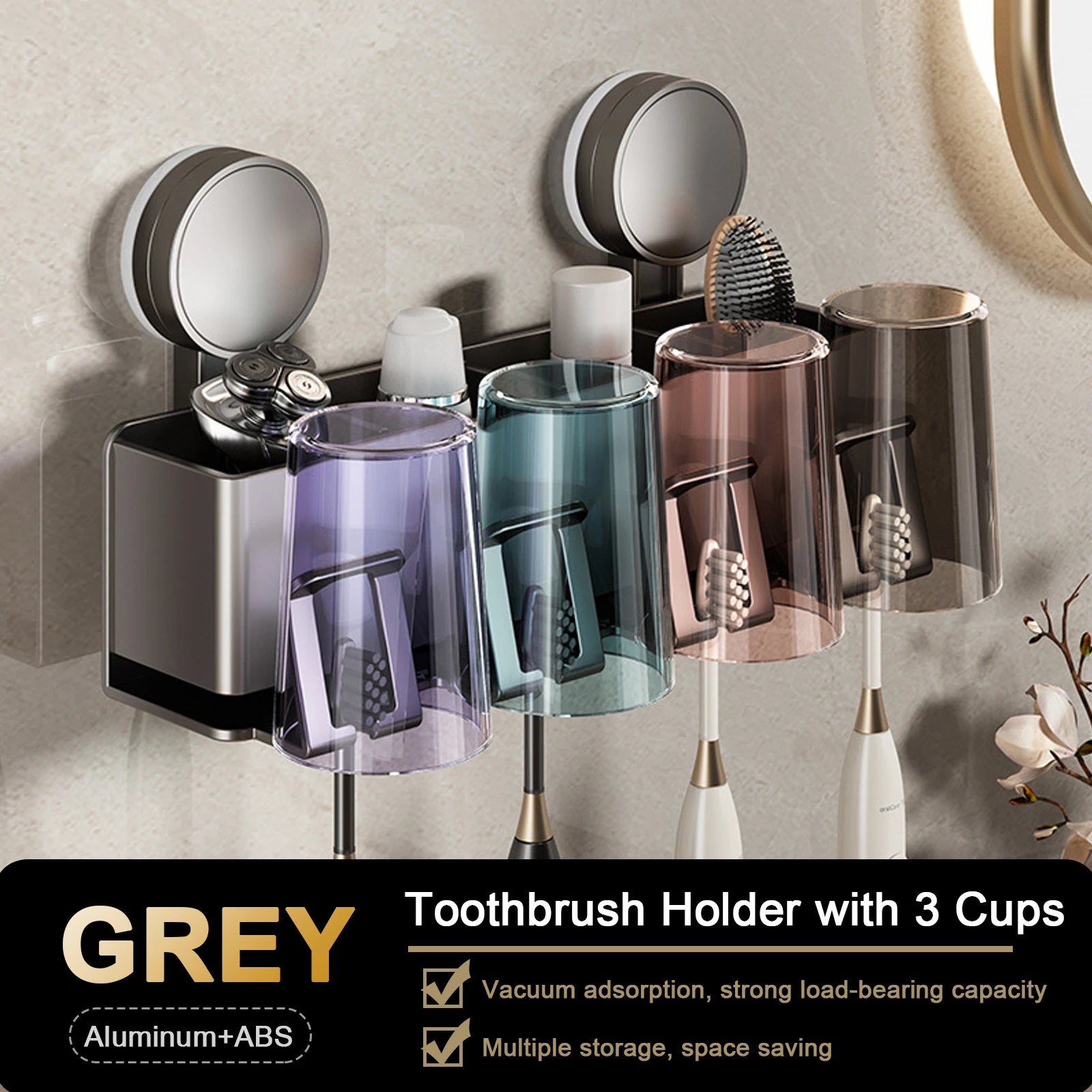 Suction cup Multifunctional Toothbrush Rack and Mug Holder Wall Mounted Toothpaste and Mouthwash Storage with tooth cup