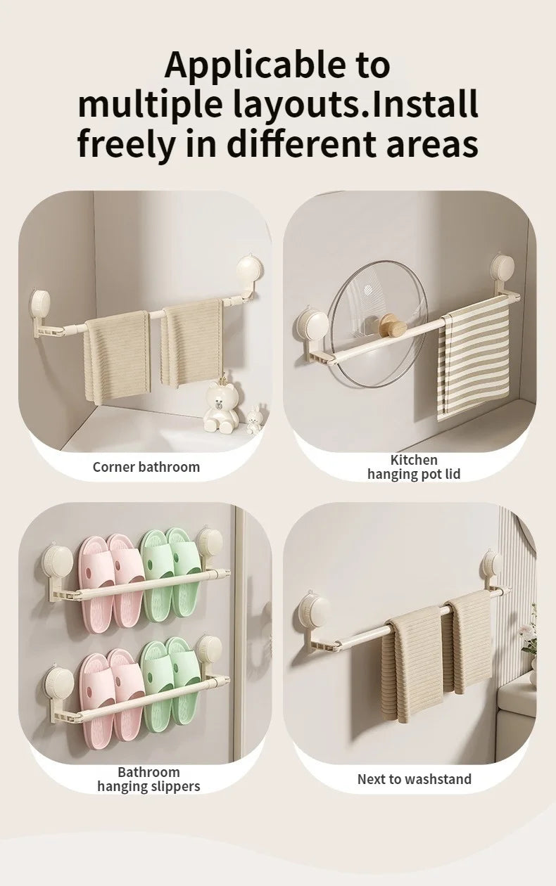Extendable Rod Kitchen Hook Suction Cup Towel Rack Bathroom Retractable Towel Pole Storage Rack Bathroom Towel Storage Bar