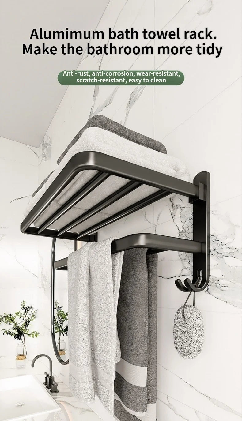 Black Bathroom Wall-Mounted Towel Rack Without Drilling Bathroom Storage Rack Towel Bar Hardware Hanging Pieces