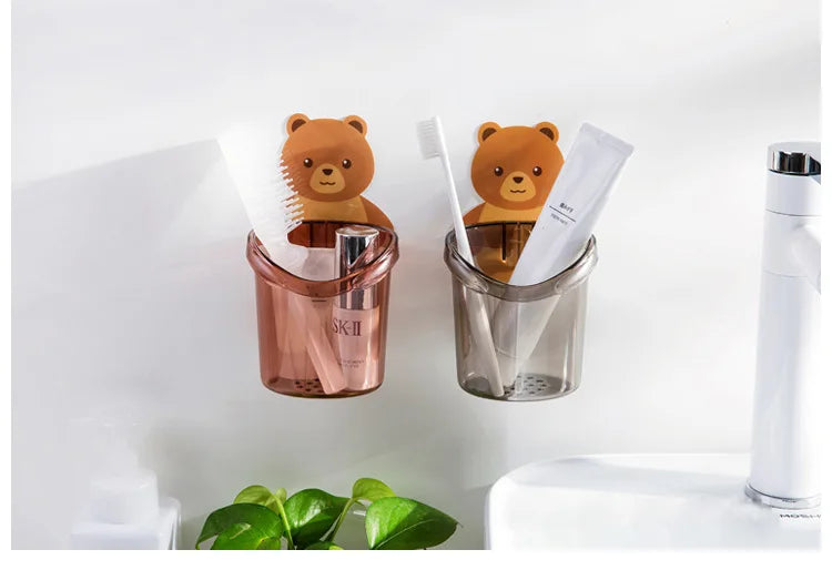 New Toothbrush Holder Adorable Bear Hug Storage Cup Wall-mounted Drain Design Easy Organization Toothbrush Cup Bathroom Supplies