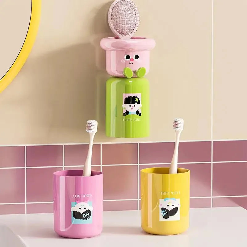Cartoon Magnetic Toothbrush Holder Punch-Free Upside down Wall Mounted Bathroom Storage Rack Gargle Cup Organizer