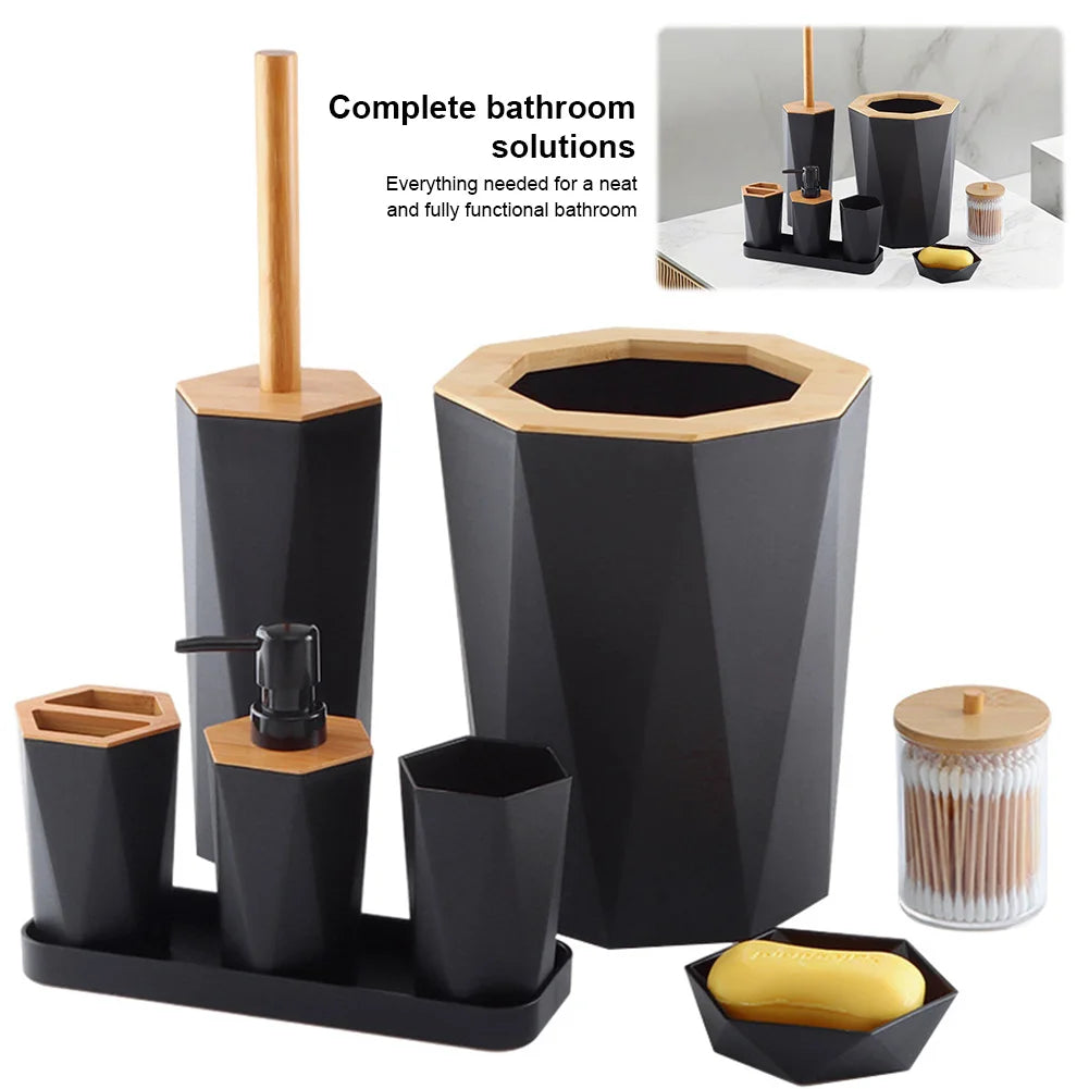 8 Pcs Bathroom Accessories Set with Cup Holder Dish Dispenser Bin Brush (Black)