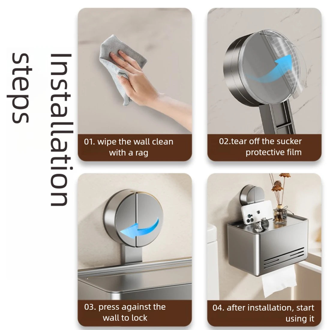 YUTOKO Suction Cup Toilet Paper Holder with Drawer, Wall Mounted Tissue & Towel Storage Box for Bathroom Living Room