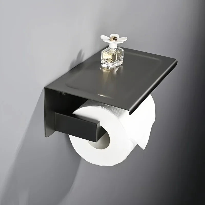Stainless Steel Toilet Paper Holder Wall Mount with Shelf Tissue Paper Roll Holder Drilling Design Bathroom Storage Organizer