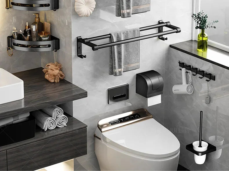 Popular Style 40/50CM Bathroom Self-Adhesive Wall Mount Bathroom Waterproof and Rust Proof Storage Shelf with Hook Towel Holder
