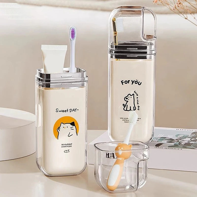 3 IN1 Cartoon Cute Toothbrush Cup Travel Toothbrush Holder Simple Portable Mouthwash Cup For Business Trip Home Bathroom Camping