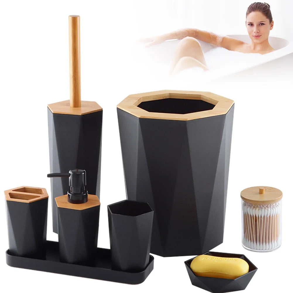 8 Pcs Bathroom Accessories Set with Cup Holder Dish Dispenser Bin Brush (Black)