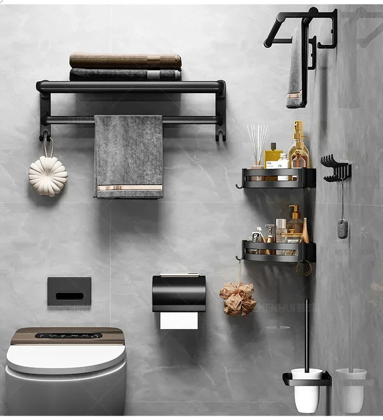 Popular Style 40/50CM Bathroom Self-Adhesive Wall Mount Bathroom Waterproof and Rust Proof Storage Shelf with Hook Towel Holder