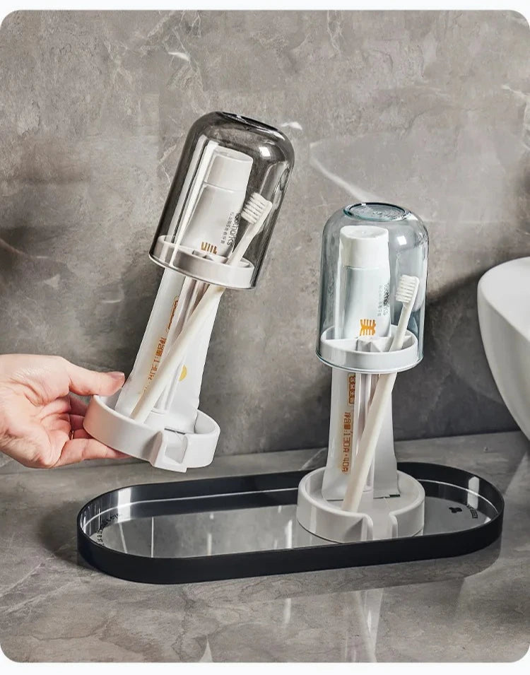 Hygienic Toothbrush Organizer with Protective Lid Ventilated Plastic Bathroom Cup Holder Multifunctional Countertop Storage