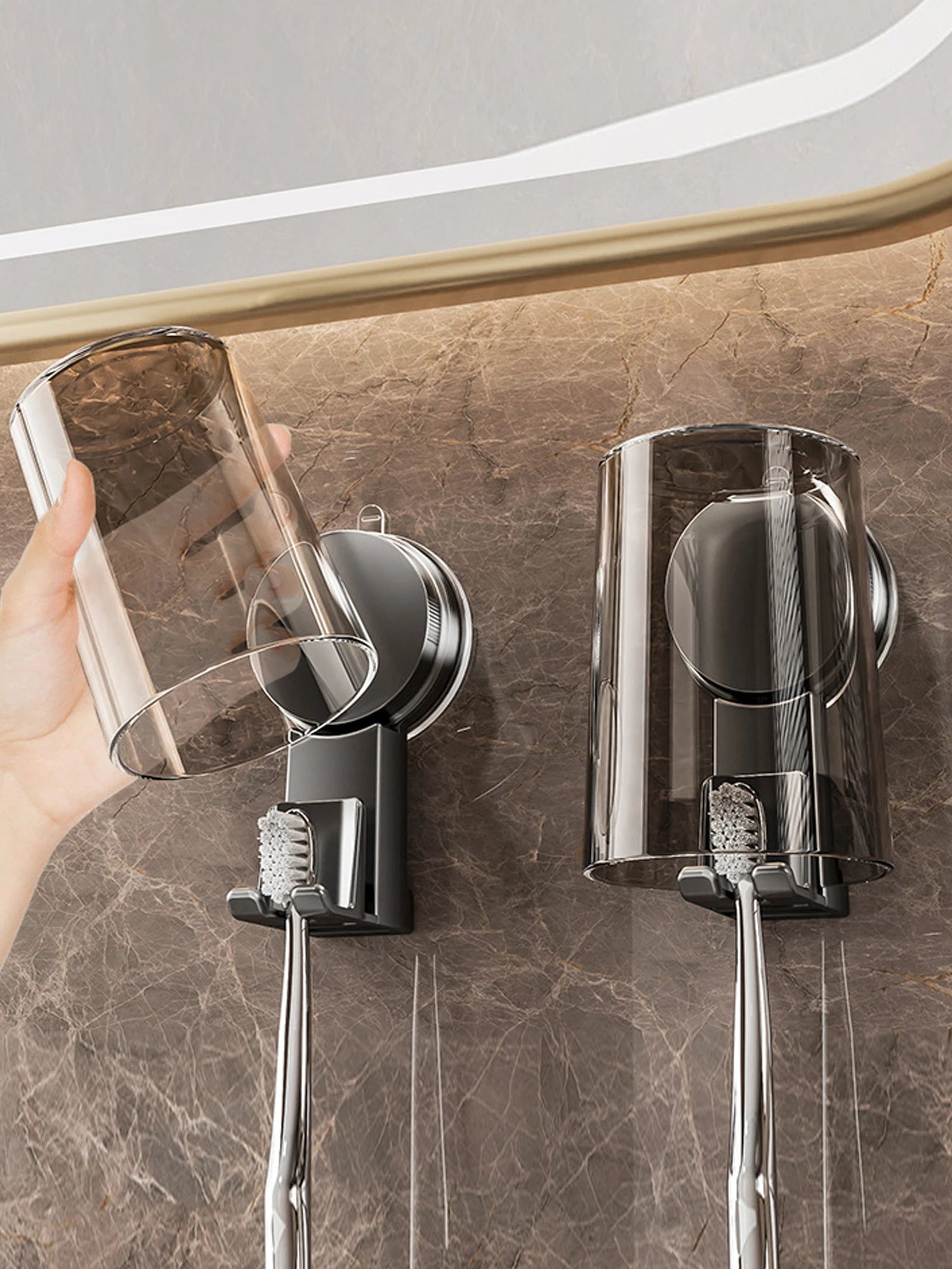 Suction Cup Toothbrush Holder With Squeezer Perforation-free Bathroom Shelf Mouthwash Cup Toothbrush Holder